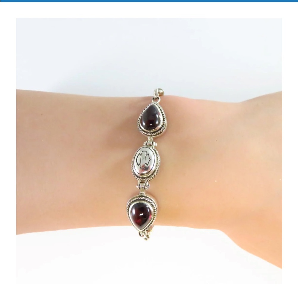 Harley Davidson Sterling Silver 925 Cabochon Garnet Wheat Barley Chain Bracelet
